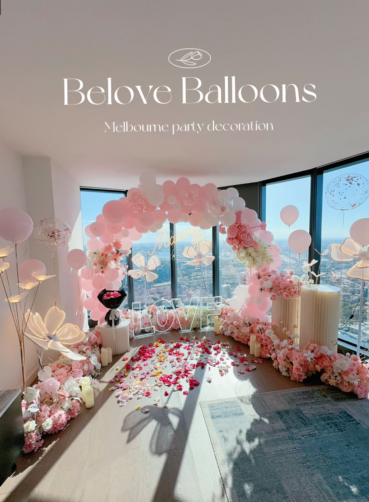 Luxury Marry Me Proposal Decoration Melbourne | Floral & Balloon Setup